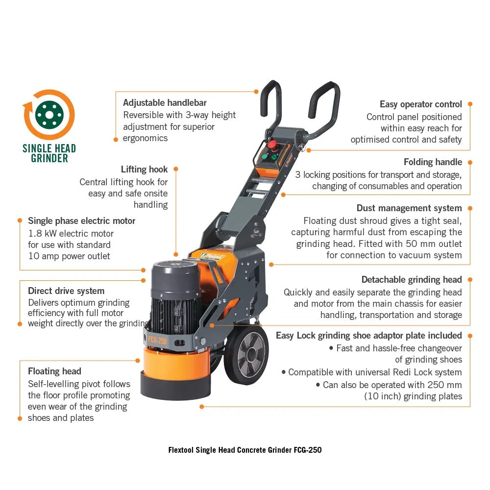 Flextool Single Head Concrete Grinder FCG-250 - 250mm - 240 V