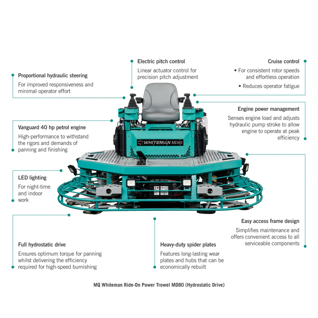 MQ Whiteman Ride-On Power Trowel MD80 46" - Hydrostatic - Vanguard 40 hp Petrol