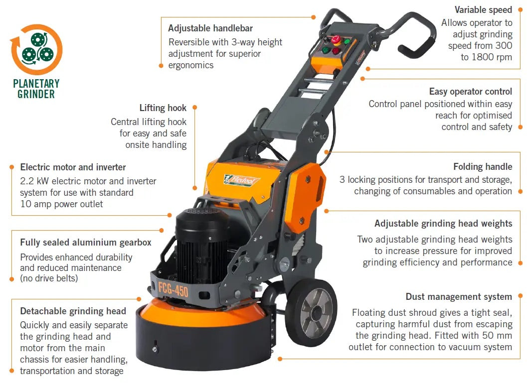 Flextool Planetary Concrete Grinder FCG-450 - 450mm - 240 V