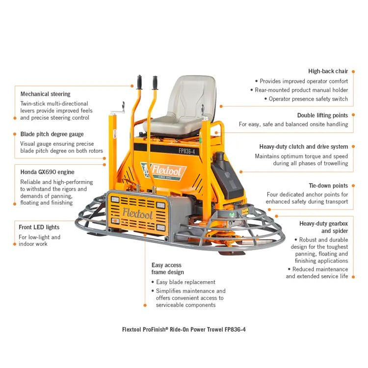 Flextool ProFinish Ride-On Power Trowel FP836-4 36" - Honda 27 hp Petrol