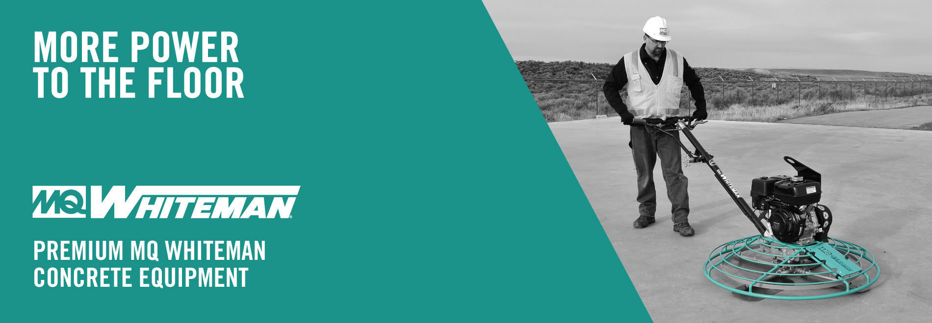 Advertisement for MQ Whiteman concrete equipment with a worker using a machine on a floor.